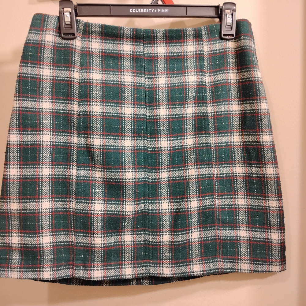 Red Green and White Plaid Mini Skirt, Zip Up In Back